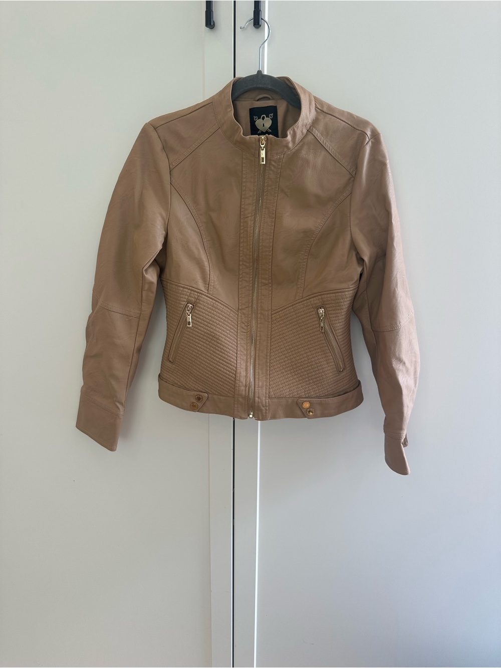 Women's Taupe Faux Leather Moto Jacket with Quilted Panels